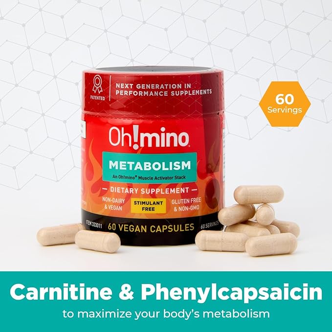Oh!mino Metabolism Support Supplement for Efficient Fat to Energy Conversion w/L-Carnitine, Phenylcapsaicin, & Vitamin B3 - Non-Jitters, Stimulant-Free, Vegan, Non-Dairy Capsules (60 Servings)-StrideForce Fitness