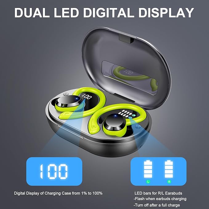 Wireless Earbud, Bluetooth 5.4 Headphones IP7 Waterproof for Sport, 48H Running Wireless Earphones with ENC Noise Cancelling Mic, Deep Bass Over Ear bud with Earhooks for Android, iOS, Workout, Green