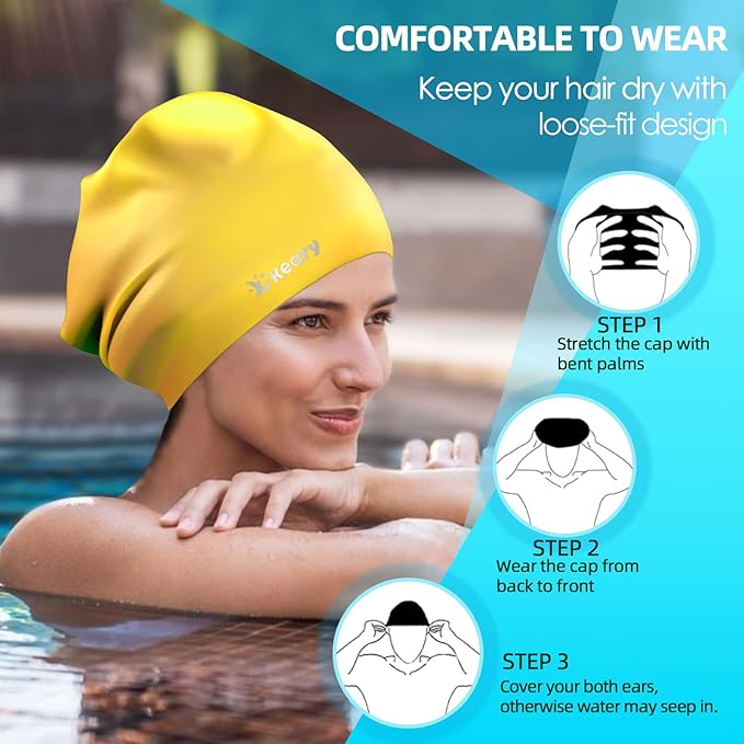 Keary Extra Large Swim Cap for Braids and Dreadlocks Extensions Weaves Long Hair, Waterproof Silicone Cover Ear Bath Pool Shower Swimming Cap for Adult Youth to Keep Hair Dry, Easy to Put On and Off-StrideForce Fitness