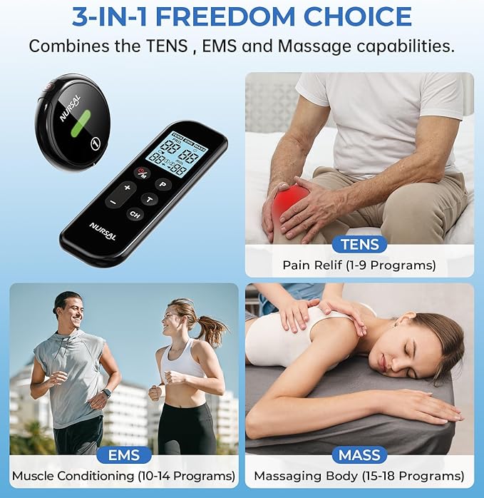 NURSAL Wireless TENS Unit Muscle Stimulator, Dual Host TENS EMS Machine for Pain Relief, 18 Modes 20 Intensity Remote Control Pulse Physical Electrotherapy for Back Shoulder Pain (2 Pads)