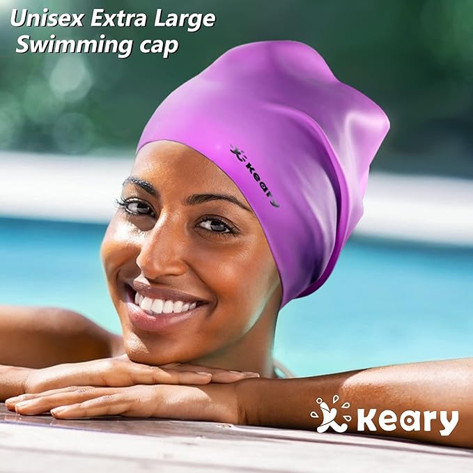 Keary Extra Large Swim Cap for Braids and Dreadlocks Extensions Weaves Long Hair, Waterproof Silicone Cover Ear Bath Pool Shower Swimming Cap for Adult Youth to Keep Hair Dry, Easy to Put On and Off-StrideForce Fitness
