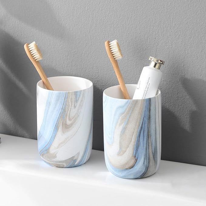 Blue Marble Toothbrush Holders - 2 Ceramic Toothbrush Holders for Bathrooms Toothbrush Toothpaste Holders Set, Bathroom Tumbler Cups Reusable Toothbrush Mouthwash Cup, Bathroom Counter Organizer.