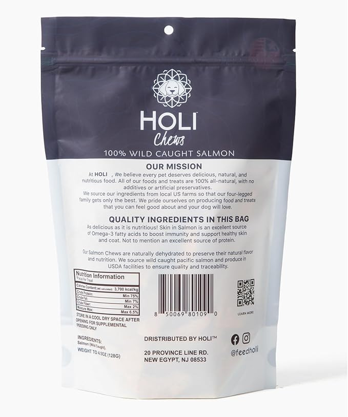 HOLI Wild Caught Salmon Skin Dog Dental Chews, Natural Single Ingredient Oral Hygiene Dog Treats, Reduces Plaque, Tartar Control, Omega 3 & 6 for Healthy Coat