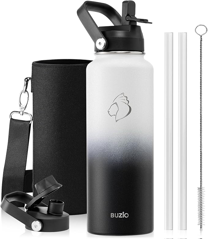 BUZIO Insulated Water Bottle with Straw Lid and Flex Cap, 40oz Modern Double Vacuum Stainless Steel Water Flask, Cold for 48 Hrs Hot for 24 Hrs Simple Thermo Canteen Mug, White and Black-StrideForce Fitness