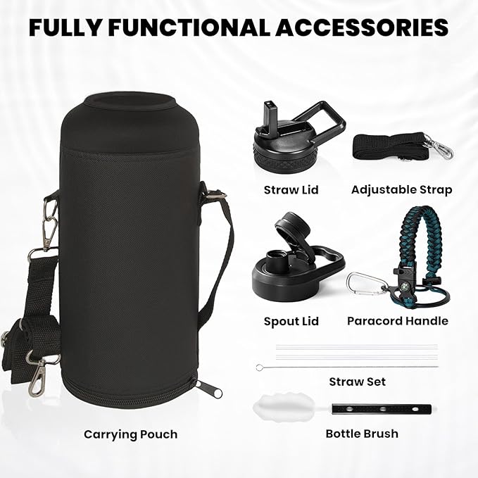 Insulated Water Bottle 87 oz, Triple Wall Vacuum Stainless Steel (Cold for 48 Hrs), Leak Proof & Non-BPA, Modern Water Flask Jug with Paracord Handle & Straw Spout Lids, Indigo/Black-StrideForce Fitness