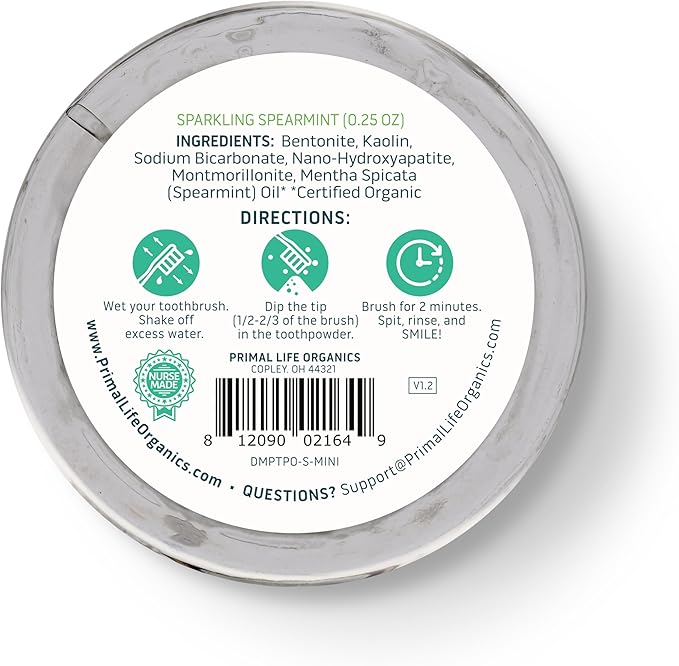 Primal Life Organics Dirty Mouth Toothpowder, Tooth Cleaning Powder, Flavored Essential Oils, Hydroxyapatite, Natural Kaolin, Bentonite Clay, USE: 60+ Brushings, Paleo, Organic, Vegan Spearmint 0.25oz