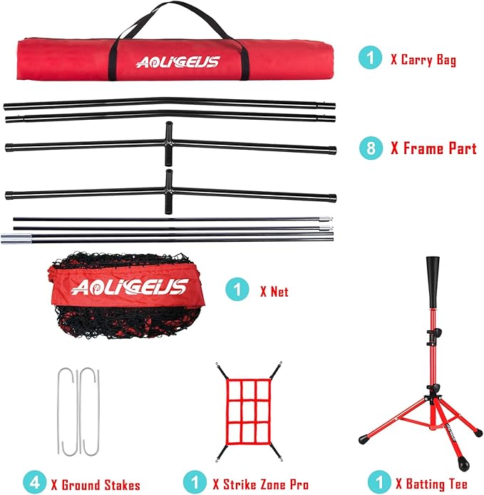 7'X7' Baseball Softball Practice Net,Pitching Net,Batting Net,with Baseball Tee,Bonus Strike Zone and Bow Frame,for Hitting,Pitching, Catching-StrideForce Fitness