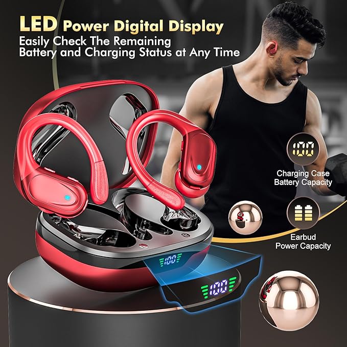 Wireless Earbuds, Sports Bluetooth Headphones, 80Hrs Playtime Ear Buds with LED Power Display, Noise Canceling Headset, IPX7 Waterproof Earphones for Workout/Running (Red)-StrideForce Fitness