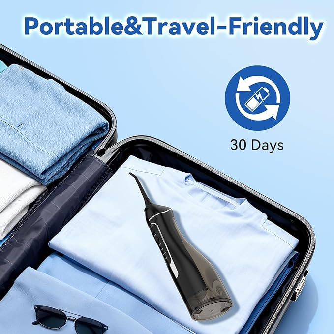 Cordless Portable Water Flosser with 300ML Tank: Rechargeable Oral Irrigator with 5 Tips for Travel, Braces Care and Sensitive Gums, IPX7 Waterproof Teeth Cleaning Device(Black)