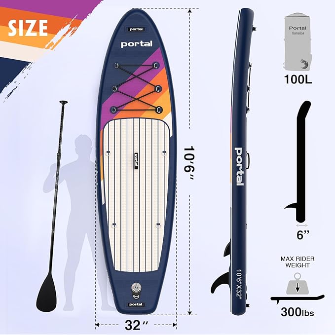 PORTAL SUP Inflatable Paddle Board for Adults 10'6'' Stand Up Paddleboard,Non-Slip Deck Blow up Paddle Boards with Adjustable Paddle, Carry Bag, and Repair Kit-StrideForce Fitness