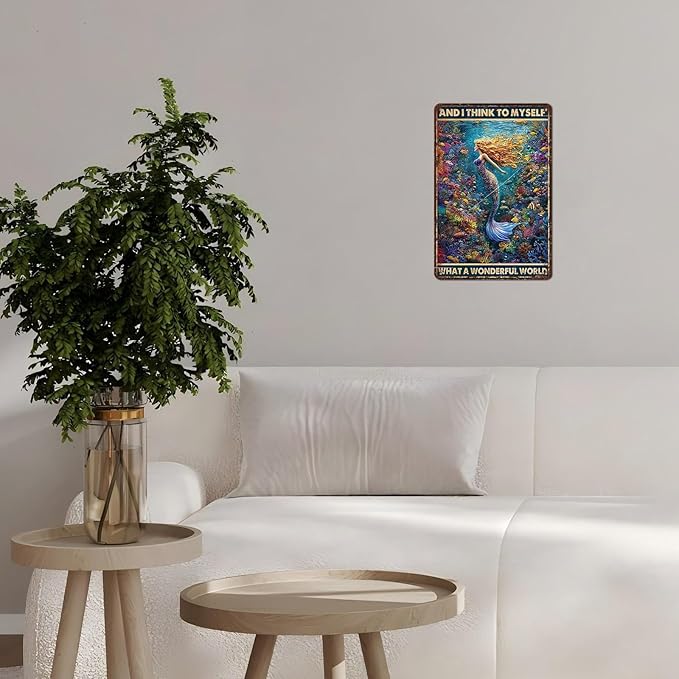 Retro Mermaid Tin Sign And I Think to Myself What a Wonderful World Vintage Metal Poster Funny Wall Art Toilet Bathroom Man Cave Bar Cafe Indoor Room Garage 12 * 8inch-StrideForce Fitness