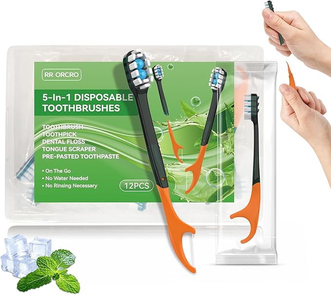 12Pack Disposable Toothbrushes with Toothpaste All-in-One Oral Care Prepasted Individually Wrapped 5-in-1 Mini Toothbrush with Toothpick, Flosser, Tongue Cleaner, Perfect for Travel & On-The-Go