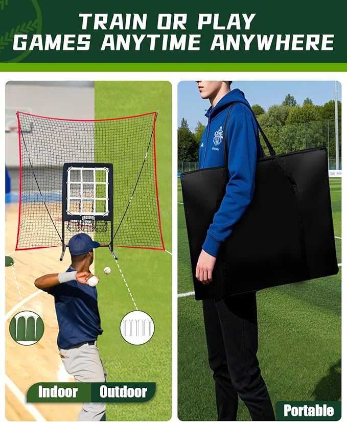 9 Hole Pitching Net, Heavy-Duty Baseball Net with Strike Zone for Pitching and Hitting, Height Adjustable Training Equipment with 9 Pocket Pitching Target for Baseball & Softball Practice-StrideForce Fitness