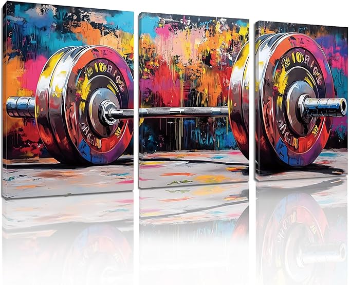 sawjug Gym Barbell Wall Decor, Colorful Graffiti Canvas Wall Art, Gym Motivational Wall Art, Colorful Pictures Wall Decor, Wall Painting for Living Room, Bedroom (16" x 24" x 3 pcs)-StrideForce Fitness