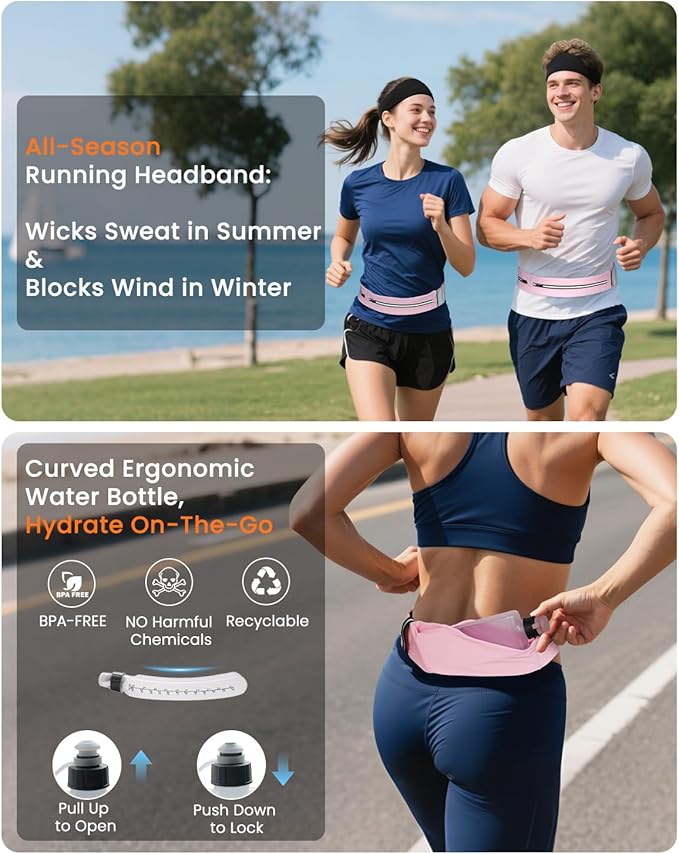 Running Belt for Women and Men, Adjustable Fanny Packs No Bounce Phone Holder for Running with Water Bottle & Headband, Waterproof Reflective Waist Packs for Runner Fits All Phones (L-Pink)