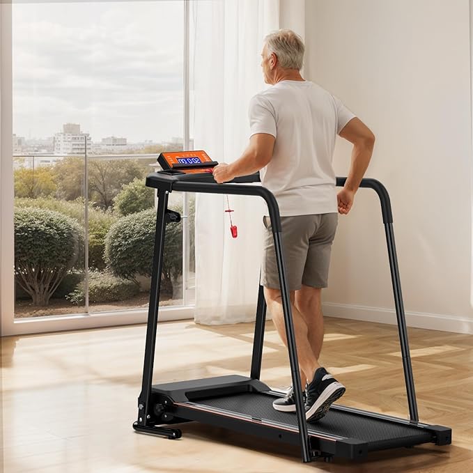 Foldable Walking Treadmill for Seniors with Long Handrails, APP Control & 3D Virtual Scenes β 3.0HP Quiet Motor, 300 lb Capacity, Shock Absorption β Ideal for Home, Office & Small Spaces-StrideForce Fitness