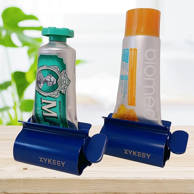 XYKEEY Toothpaste Tube Squeezer - Set of 2 Toothpaste Squeezer Rollers, Metal Toothpaste Tube Wringer Seat Holder Stand (Blue)