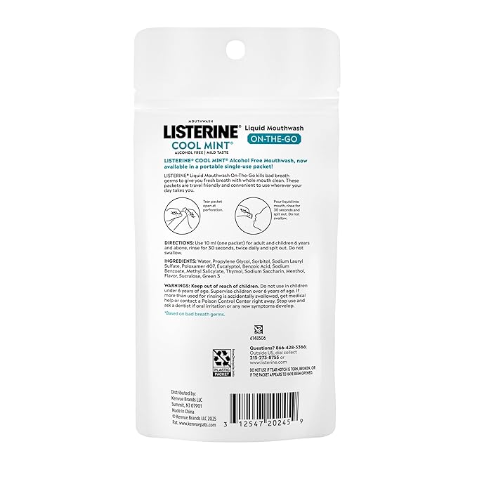 Listerine On-The-Go Cool Mint Alcohol Free Mouthwash Packets, Oral Rinse in Individual Packets Kills Bad Breath Germs, Less Intense Taste, Cool Mint Flavor, Mini Travel Size, 0.33 fl oz. Pack of 5