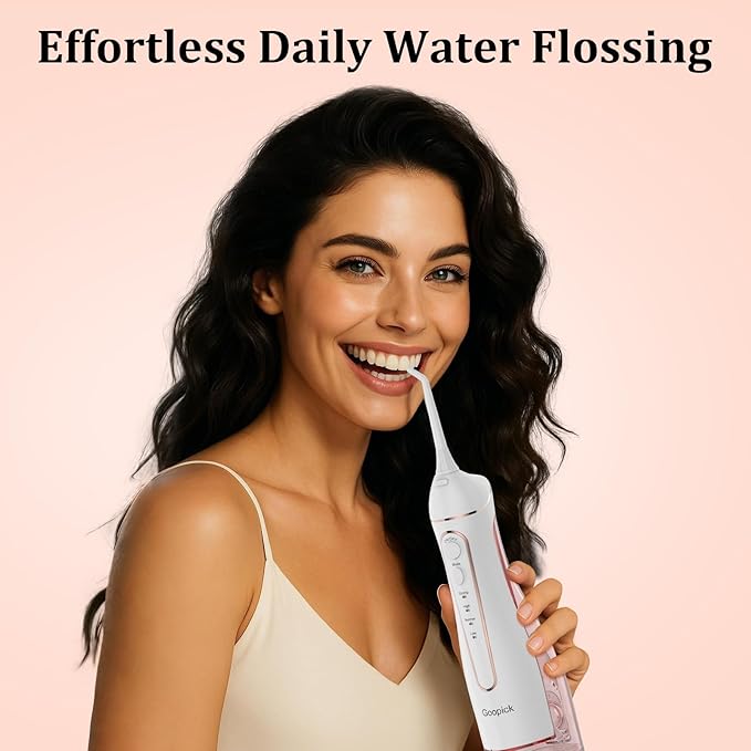Cordless Portable Water Flosser with 300ML Tank: Rechargeable Oral Irrigator with 5 Tips for Travel, Braces Care and Sensitive Gums, IPX7 Waterproof Teeth Cleaning Device(Pink)