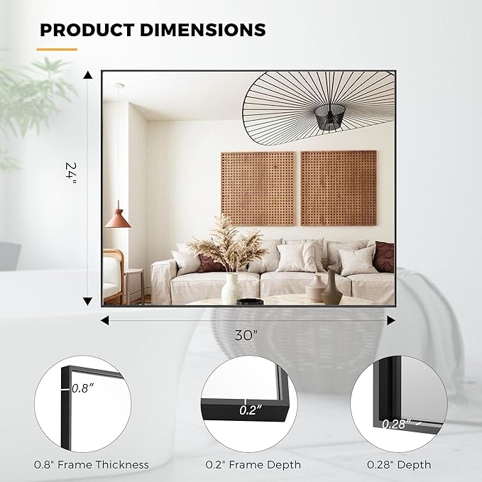 24x30 Inch Black Bathroom Mirror for Wall, Aluminum Frame Rectangle Rectangular Vanity Mirror, Modern Large for Bedroom, Living Room, Horizontal or Vertical-StrideForce Fitness