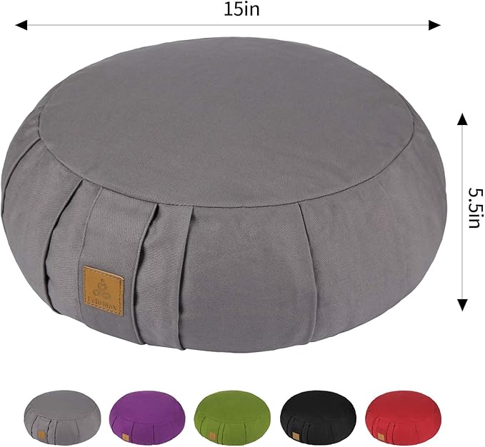 Round Zafu Meditation Cushion, D=15" H=5.5" Zabuton Meditation Pillow, Yoga Bolster/Pillow, Floor seat, Zippered Organic Cotton Cover, Natural Buckwheat, Kneeling Pillow-StrideForce Fitness