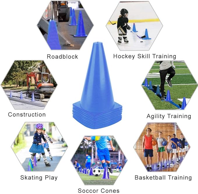 9 Inch Plastic Training Traffic Cones, Sport Cones, Agility Field Marker Cones for Soccer Basketball Football Drills Training, Outdoor Activity or Events - (Set of 10, 12, 15 or 24, 4 Colors)-StrideForce Fitness