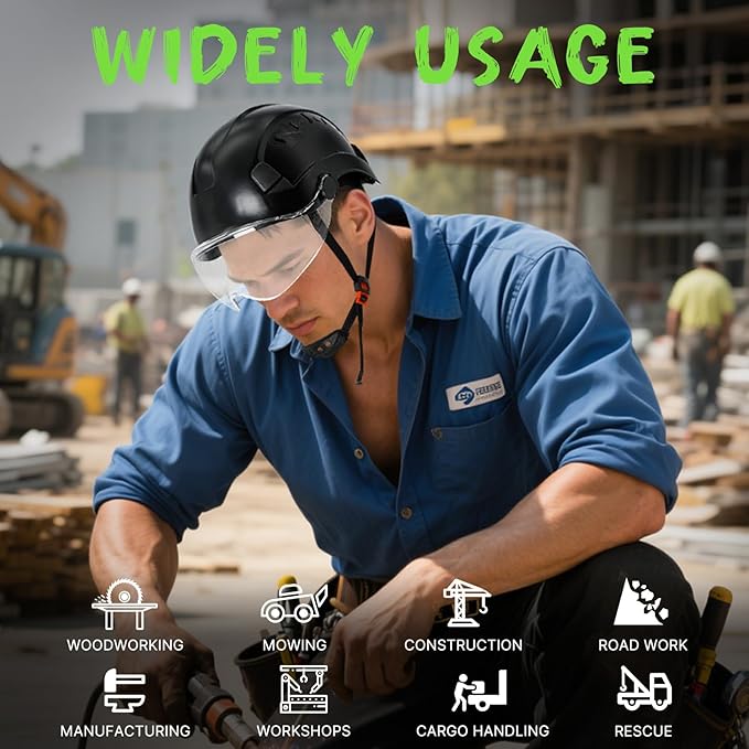 AOLAMEGS Construction Hard Hats for Men - ANSI Z89.1 OSHA Approved Safety Helmets, Black Hard Hat, Adjustable Vented Construction Hat with Clear Visor and Chin Strap, High Impact ABS Hardhats-StrideForce Fitness