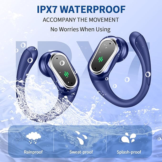 Wireless Earbuds, 2025 Bluetooth 5.4 Headphones Sport, Bluetooth Earbuds with ENC Noise Canceling Mic, 50H Stereo Wireless Headphones IP7 Waterproof with Earhooks, Dual LED Display for Workout/Running-StrideForce Fitness