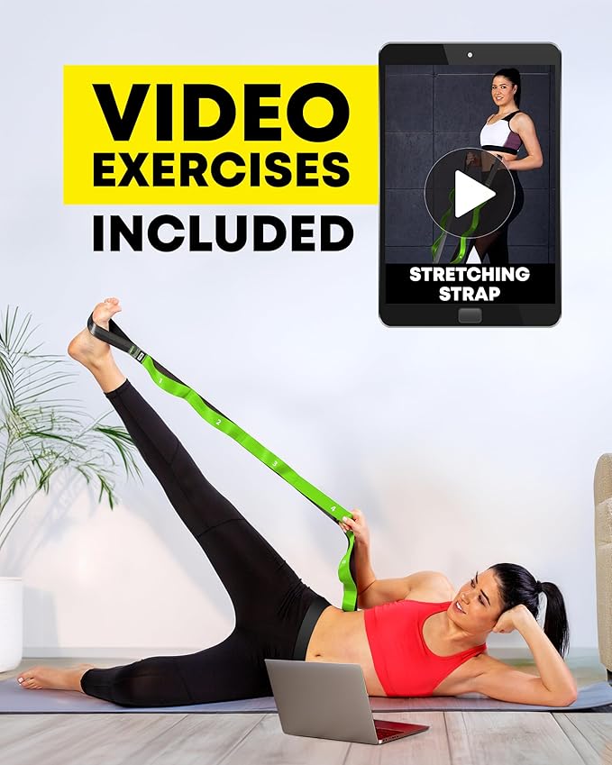 Stretching Strap with Loops - Non Elastic Stretch Band for Physical Therapy, Yoga Strap for Stretching Equipment, Stretch Bands for Exercise and Flexibility - Fascia, Hamstring & Leg Stretcher Belt-StrideForce Fitness