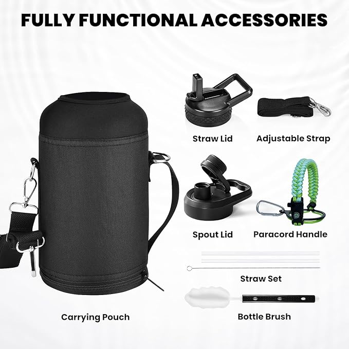 Insulated Water Bottle 64 oz, Triple Wall Vacuum Stainless Steel (Cold for 48 Hrs), Leak Proof & Non-BPA, Half Gallon Water Flask Jug with Paracord Handle & Straw Spout Lids-StrideForce Fitness