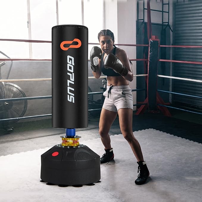 Goplus Freestanding Punching Bag, 220LBS Heavy Boxing Bag with Gloves, Shock Absorber, 12 Suction Cup Base, Kickboxing Bag with Stand for Adults Youth Men Women Home Gym-StrideForce Fitness