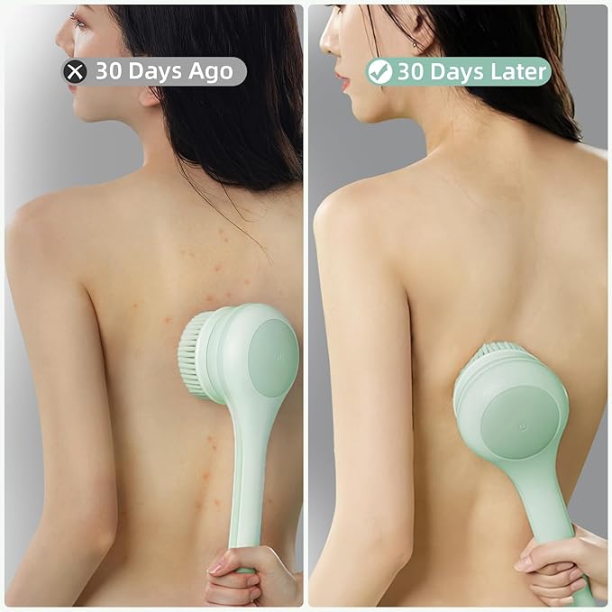 Electric Body Brush Back Scrubber for Shower, Waterproof Long Dual Handle Power Body Scrubber with 3 Heads, Rechargeable Bath Brush & 2 Speeds, for Cleansing, Exfoliating and Massaging Skin-StrideForce Fitness