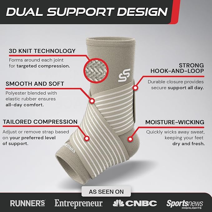Sleeve Stars Ankle Brace for Women & Men, Ankle Wrap for Sprain, Compression Sleeve for Plantar Fasciitis Relief, Easy Customizable Support: w/ Removable Strap (Pair/M:10"-12"/Beige)