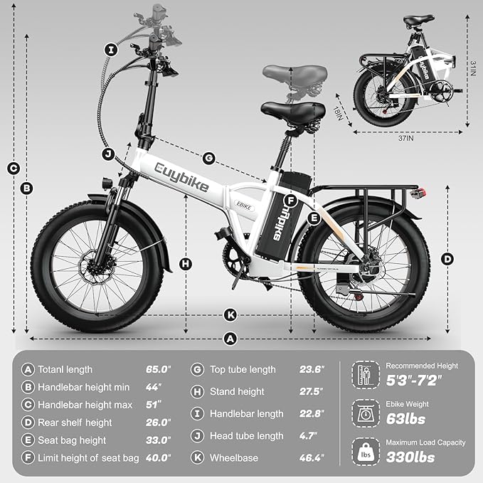 Foldable Electric Bike for Adults, 30+MPH, 48V 20Ah Removable Lithium Battery up to 80Miles, 20" Fat Tire 1000W Peak Motor Dirt Ebike Adult Electric Bicycle for Commute Beach Mountain E Bike-StrideForce Fitness