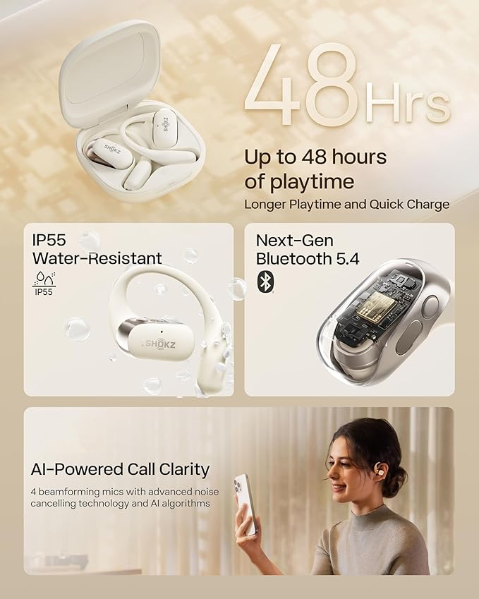 SHOKZ New OpenFit 2 Open-Ear Headphones, True Wireless Bluetooth Earphones with Microphone, Earhook Earbuds with 48 Hours of Playtime, Fast Charging, IP55 Water-Resistant, with Carrying Bag, Beige-StrideForce Fitness