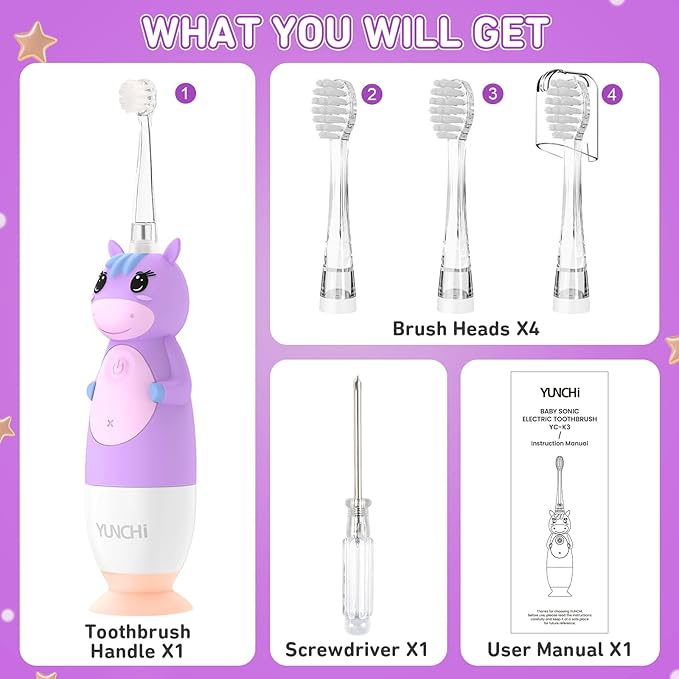 YUNCHI Toddler Electric Toothbrush Kids 0-3-6 Years, Baby Electric Toothbrush with Colorful LED Light, Battery Powered Toddler Toothbrush with 2 Minutes Timer 4 Brush Heads, Infant Toothbrush (Purple)
