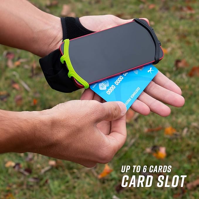 Noxgear Hand Held Phone Holder - Handheld Grip Phone Holder with Key Fob & Card Slot for Running, Jogging & Working Out - Compatible with All Phones - Machine Washable (Lime, Left Hand)