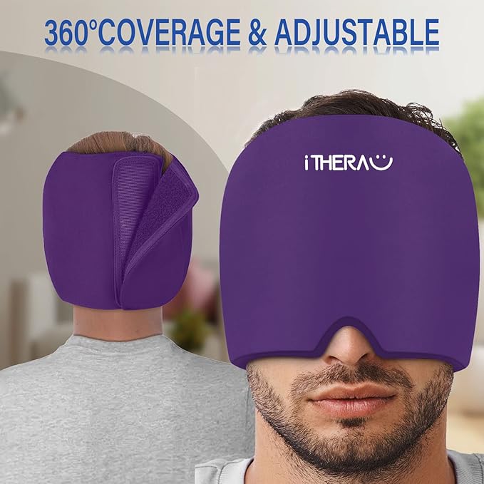iTHERAU Migraine Relief Cap, Migraine Ice Head Wrap, Headache Ice Hat, Cold Therapy Headache Relief Cap for Migraine Eyes Mask Purple Headache Ice Pack for Puffy Eyes, Tension, Sinus & Stress Relief-StrideForce Fitness