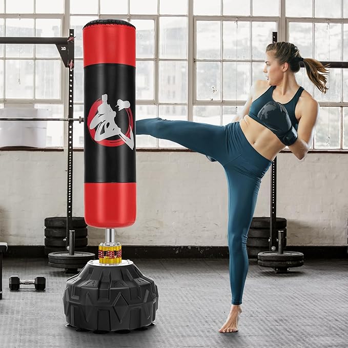 GYMAX Punching Bag for Adults, 70” Punching Stand with Suction Cup Base, TPR Shock Absorber & Multi-Layer Construction, Standing Punching Bag, Heavy Duty Boxing Equipment for Kickboxing MMA Muay-StrideForce Fitness