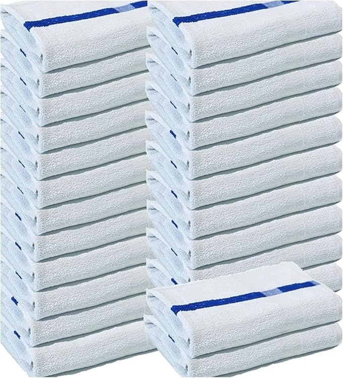 Towels N More 24x48 Soft Poolside Towels - 24 Large Super Absorbent Pool Towel White and Blue Center Stripe - Ideal for Home, Pool, Spa, Gym, Hotel, Motel Rental Room Use - 100% Cotton Bath Towels-StrideForce Fitness