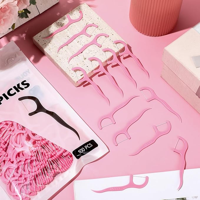 Baderke 200 Count Floss Picks Bulk Non Breakable Tooth Picks Flosser Dental Floss Sticks for Adults Teeth Cleaning Dental Flossers for Family Pack Travel(Pink)