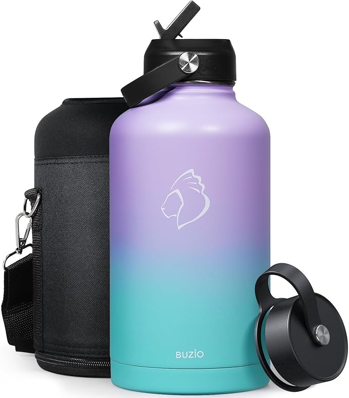 BUZIO 64oz Insulated Water Bottle Stainless Steel Double Wall Leak Proof Half Gallon with Straw Lid and Flex Cap (Cold for 48 Hrs) Sports Flask Metal Travel Mug for Hiking, Camping, Purple Green-StrideForce Fitness