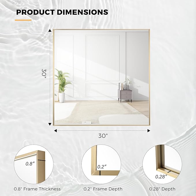 30x30 Inch Brass Bathroom Mirror for Wall, Aluminum Frame Rectangle Rectangular Vanity Mirror, Modern Large for Bedroom, Living Room, Horizontal or Vertical-StrideForce Fitness