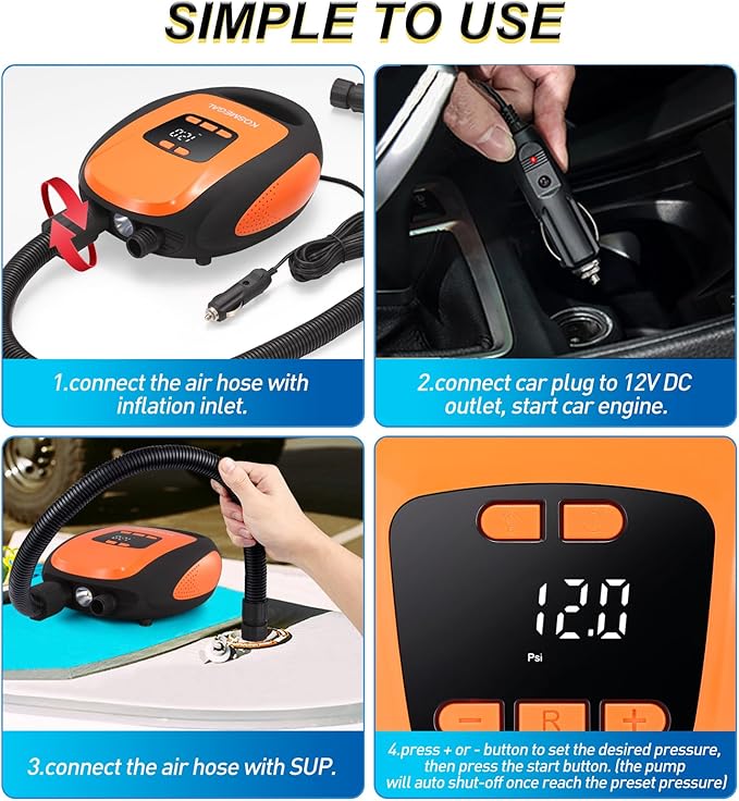 Paddle Board Pump Electric Portable, SUP Pump for Paddleboard, 20PSI Air Compressor with Auto-Off, Deflation Function and 12V DC Car Connector for Inflatables, Kayaks and Boats-StrideForce Fitness