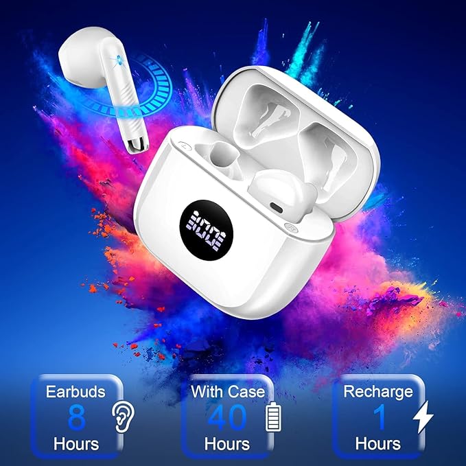 Wireless Bluetooth 5.4 Earbuds, Ear Buds LED Power Display Headphones 6D Stereo, Bluetooth Earbuds in-Ear Noise Cancelling Mic, 40H Playback Mini Case IP7 Waterproof Sports Earphones for Android iOS-StrideForce Fitness
