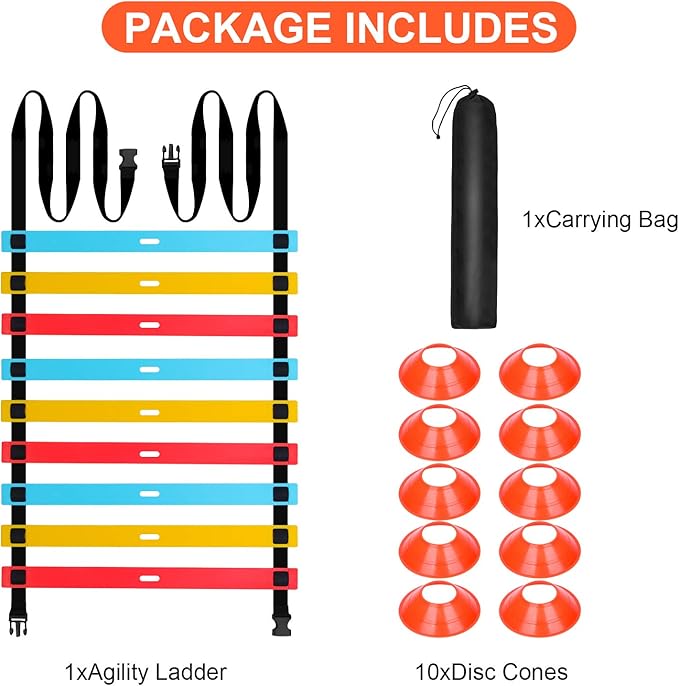 Agility Ladder Speed Training Equipment, 9 Rung 13FT Sports Agility Ladders Set Workout Ladder with 10 Disc Cones for Soccer, Speed, Football Fitness Feet Training-StrideForce Fitness