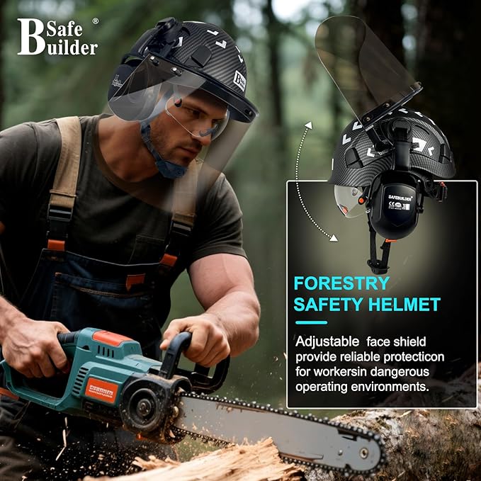 Forestry Safety Helmet with Build-in Visor Mesh Face Shield Ear Muffs 4 in 1 Chainsaw Safety Hard Hats-StrideForce Fitness