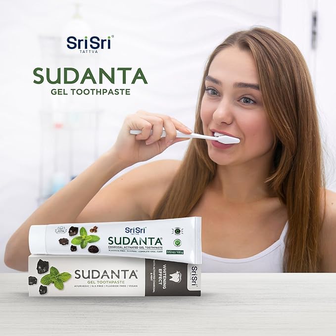 Sri Sri Tattva Sudanta Charcoal Toothpaste Gel – SLS, Fluoride Free Herbal Toothpaste with Neem & Ayurvedic Herbs – Natural Teeth Whitening, Fresh Breath, Oral & Gum Health – 100g Tube (Pack of 1)