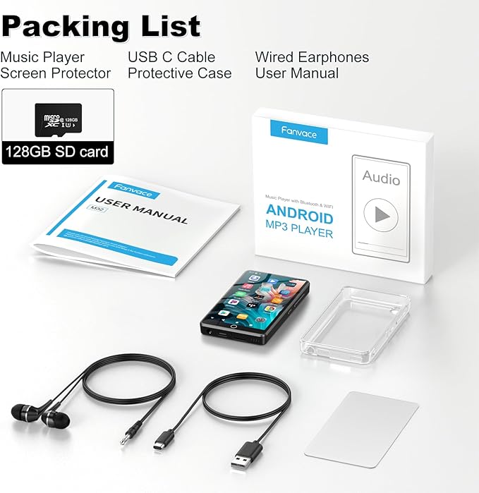 144GB MP3 Player with Bluetooth and WiFi, Android 13 OS MP3 & MP4 Players with 4" Touchscreen and Speaker, Spotify Music Players with Pandora, Audible, Amazon Music, Play Store-StrideForce Fitness