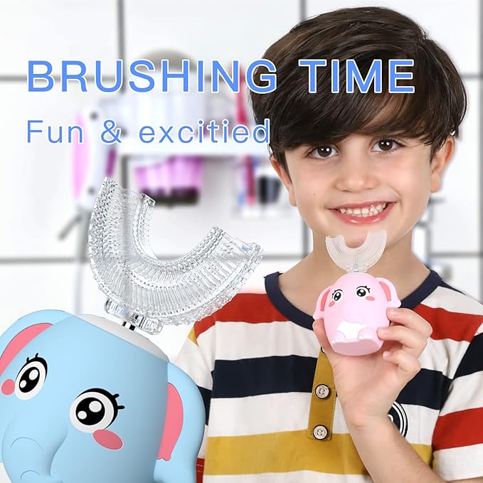 Kids Electric U Shaped Toothbrush Children Rechargeable Sonic Toothbrush with 4 Brush Heads Full Mouth 6 Cleaning Modes - (Age 2-7 Blue)